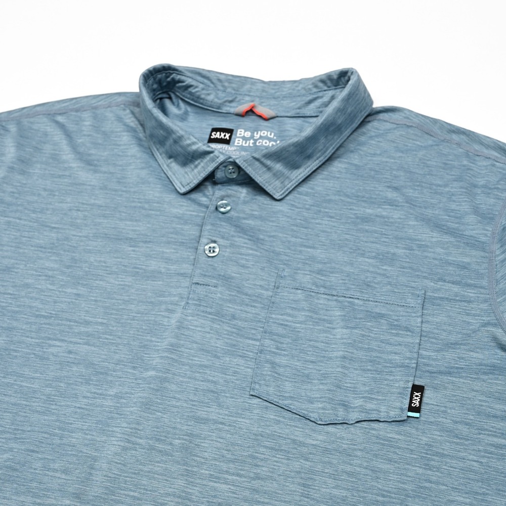 SAXX Polo Shirt‎ Mens 2XL Blue DropTemp All Day Cooling Pocket Performance Golf
